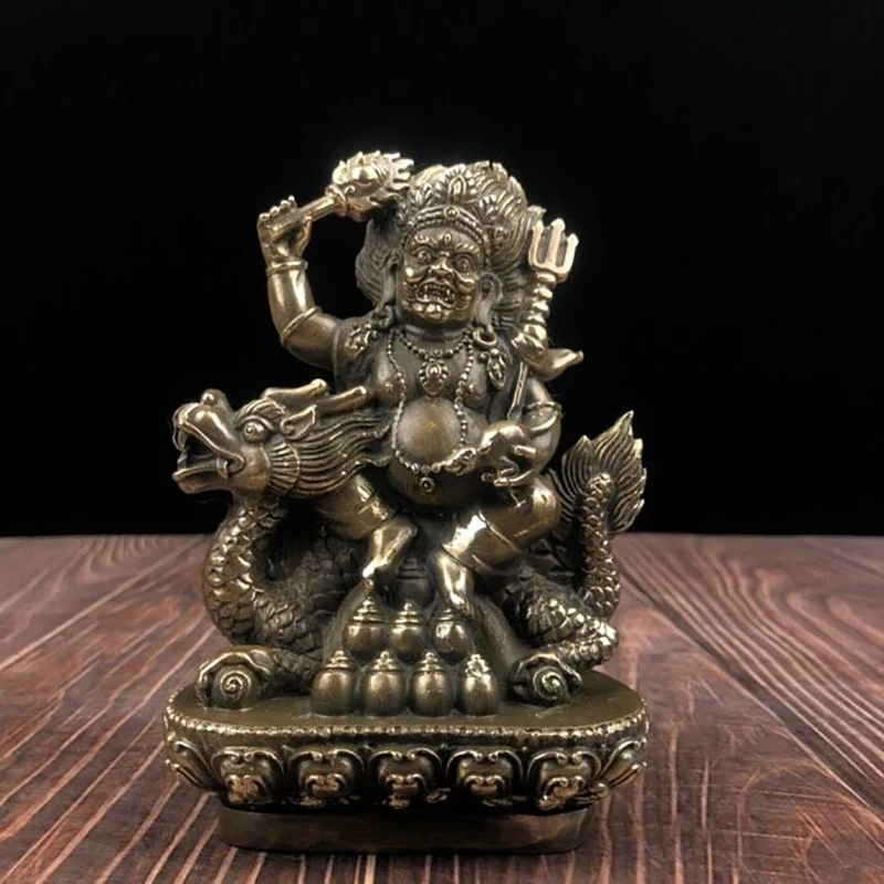 Tibetan Buddha Series: Yellow Riding a Dragon, Antique Brass Wealth God Ornament for Home Living Room Decoratio