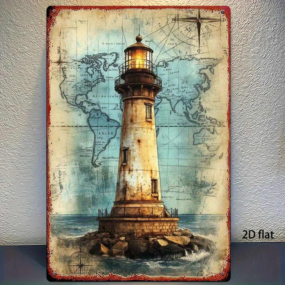 2D Flat, 1pc, Metal Sign, Retro Nautical Lighthouse Iron Art Decor Painting, for Bathroom, Man Cave, Bedroom, Garden, Home Offic