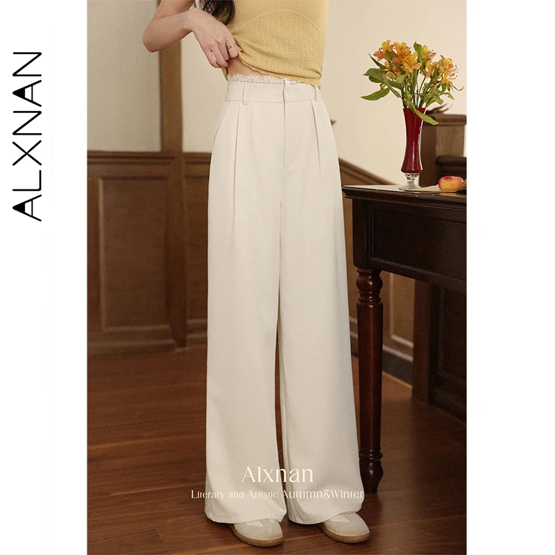 ALXNAN Women's Pants Straight Wide-leg Office Lady Baggy Pants Autumn Light Apricot Lace-paneled Waist Casual Trousers L56771