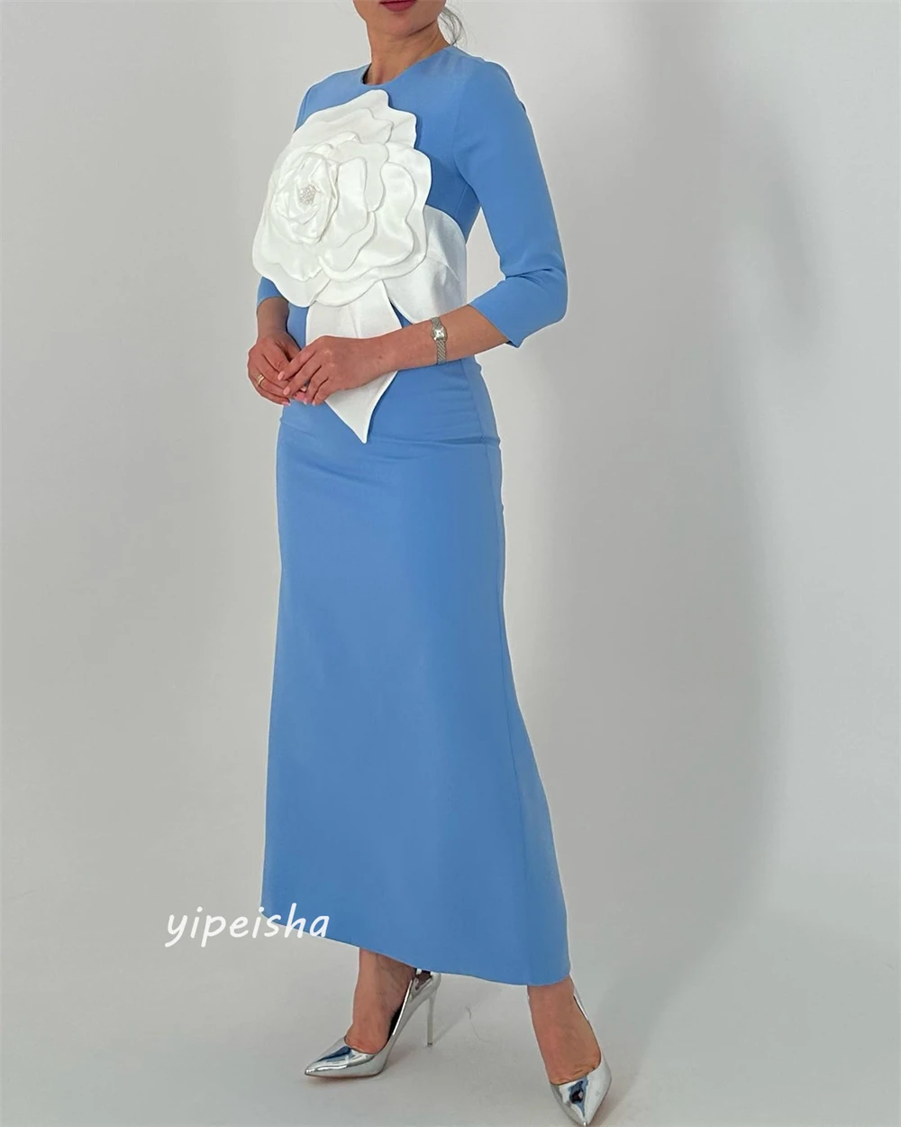 Jersey Flower Pleat Celebrity A-line O-Neck Bespoke Occasion Gown Midi Dresses Saudi Arabia Evening