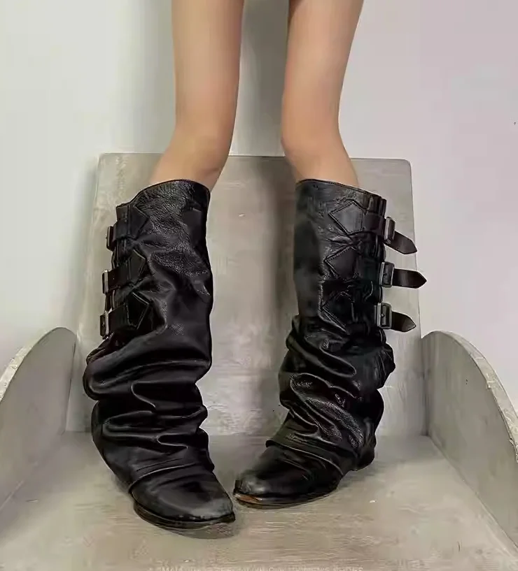 Women's Black Slouch Knee High Boots  Three Buckle Straps, Low Heel Design, Vintage Gothic Style Over The Knee Boots