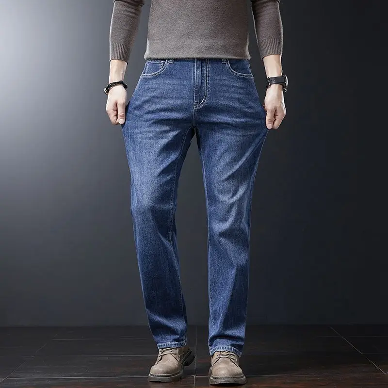 Autumn Winter Men's Soft Stretch Straight Jeans Business Casual Slim Fit Washed Denim Pants Wear-resistant Male Trousers