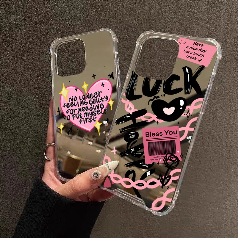 Funda de teléfono con patrón de amor de la suerte, carcasa de acrílico con espejo para iPhone 16, 11, 12, 13, 14, 15 Pro Max, XS, X, XR, 7, 8 Plus, SE2, a prueba de golpes