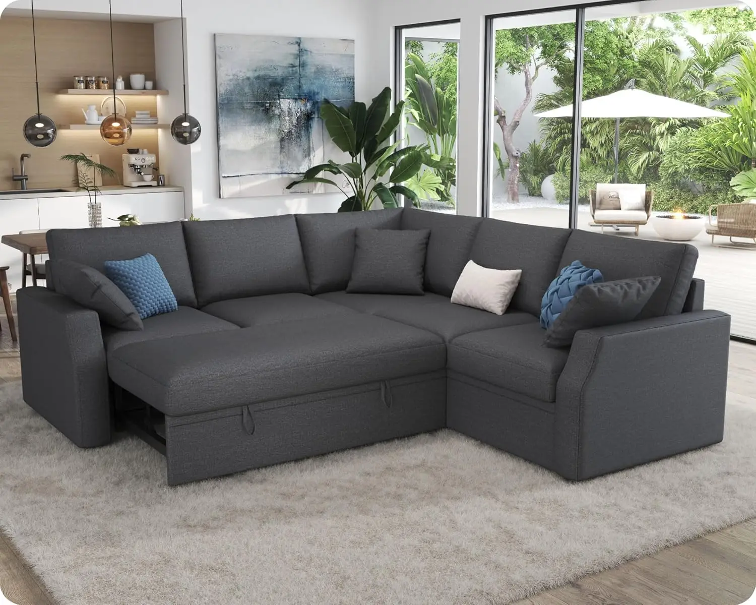 Sofa Bed, 85 Inch Sleeper Couch with Storage Seat, L Shaped Sofa with Pull Out Sofa Bed, Sectional Couches