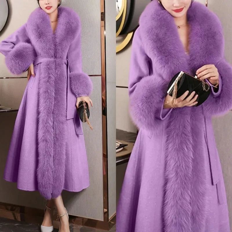 Hot Sales Double-sided Cashmere Coat Women Elegant Luxury Fox Fur Collar X-Long Over-knee Waist-Slim Large Size Woolen Coats 6XL