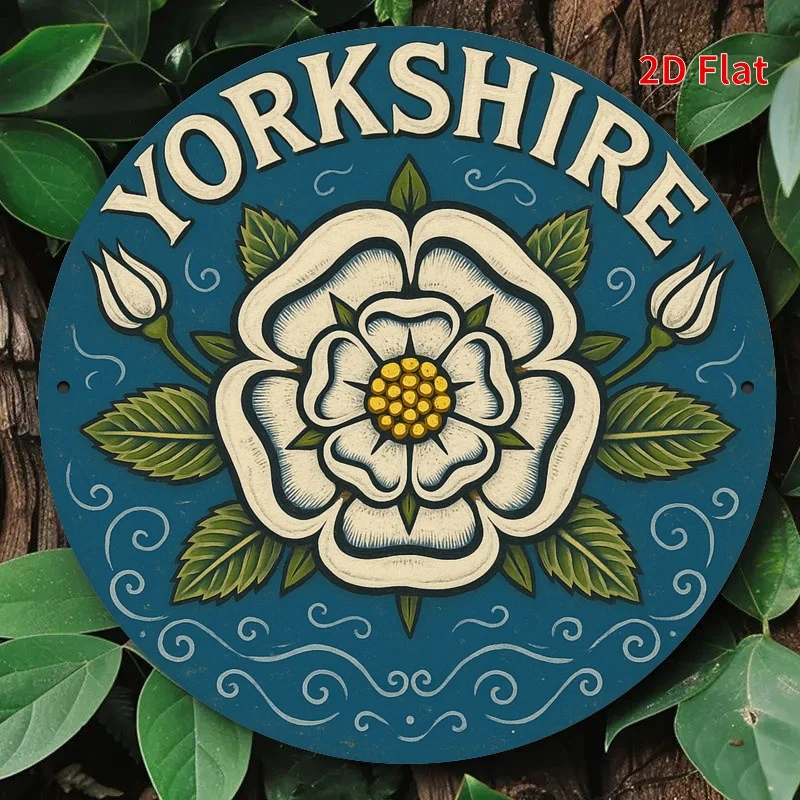 2D flach, 1 Stück Yorkshir White Rose Metallschild – Vintage blaues und weißes Blumenmuster, 19,81 cm runde Eisenwandkunst für Zuhause, Büro,