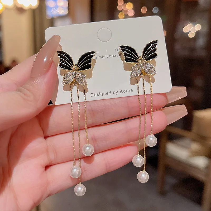 Pendientes de mariposa con incrustaciones de circonita para mujer, cristal negro, color plateado, personalidad de moda, joyería de boda, regalos de cumpleaños