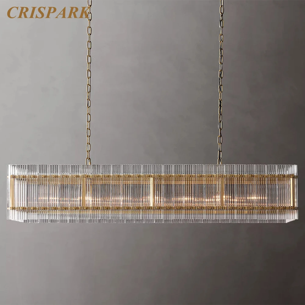 

San Marco Rectangular Chandelier Brass Luxury Horizontal Chandelier LED Modern Fluted Clear Glass Ceiling Lamp for Dining Room