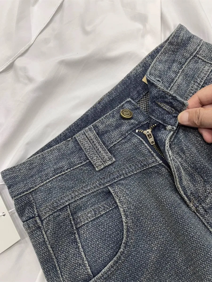 Hohe Taille, weites Bein, gerade geschnittene Jeans für Damen, Herbst, neue Sle Pear Ape, schlankmachende Hüfte, das amerikanische Sternenmuster bedeckt