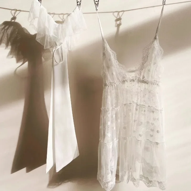 Cute Women Sexy Lingerie Gauze Lace Pajamas Sling Nightgown Dress with Panties Deep V-Neck Sleepwear Dot Strap Nightdress Nighty