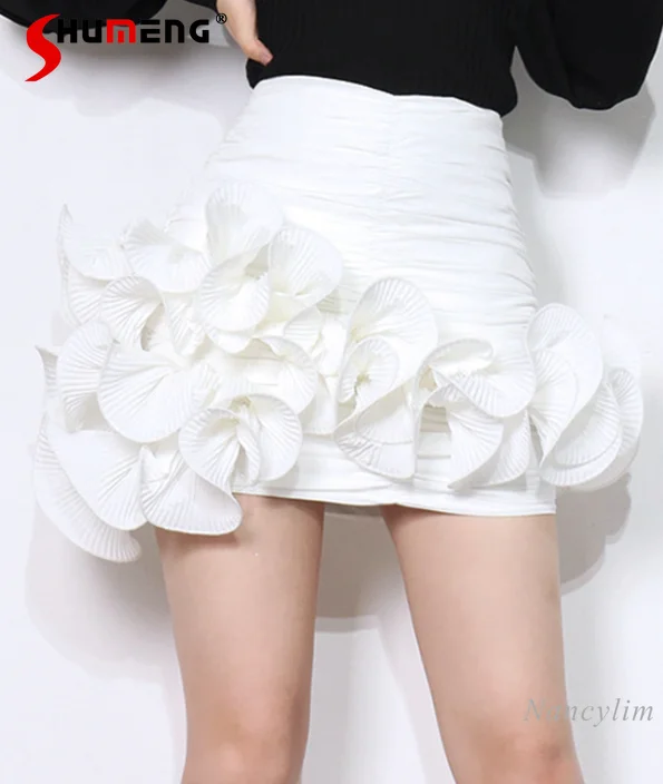 Irregular Three-Dimensional Pleated Edge Short Skirt Women's High Waist Slimming Hip Mini Skirt Summer White Black Skirts