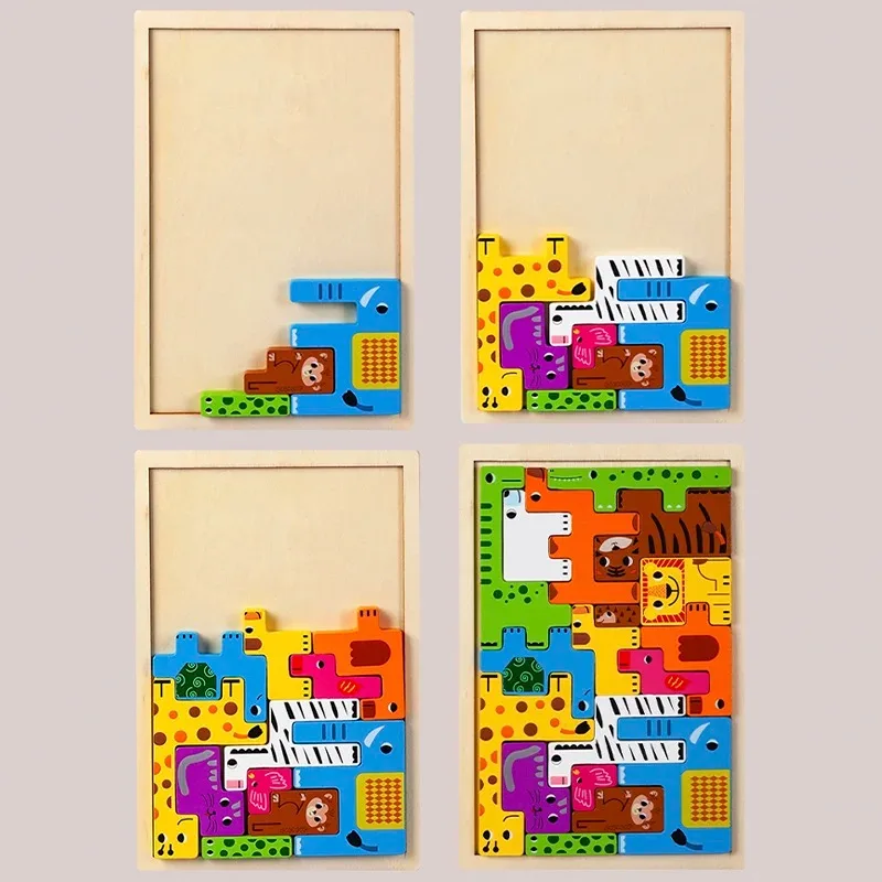 New Cartoon 3D Puzzle Wooden Tangram Math Toys Cube Game Children Pre-school Magination Shapes Puzzle Educational Toy for Kids