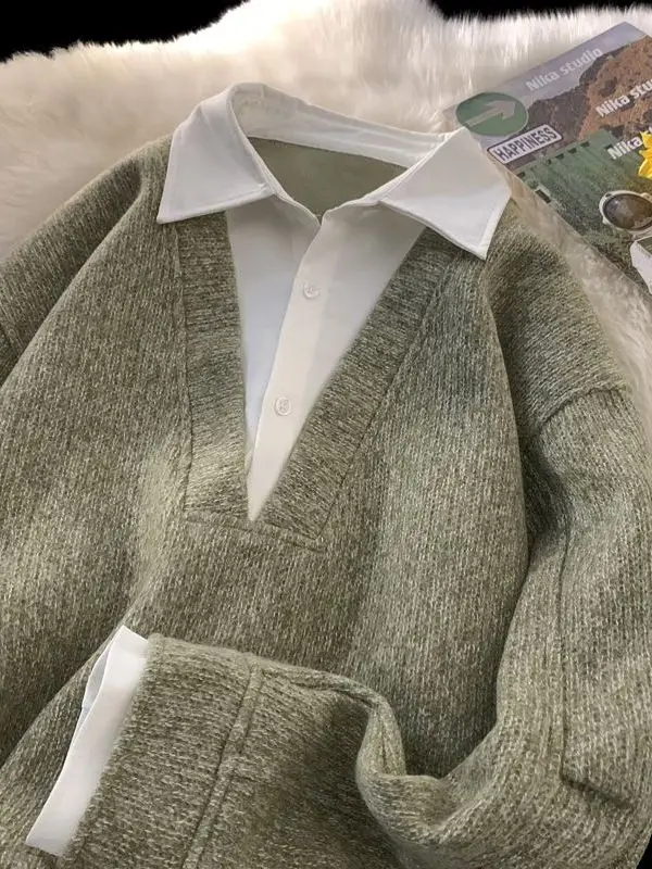 

plus Size irt Casual Splice Fake Two-Piece Sweater Trendy Sweatirt Breathable Comfortable Long Sve Button up Men's irt