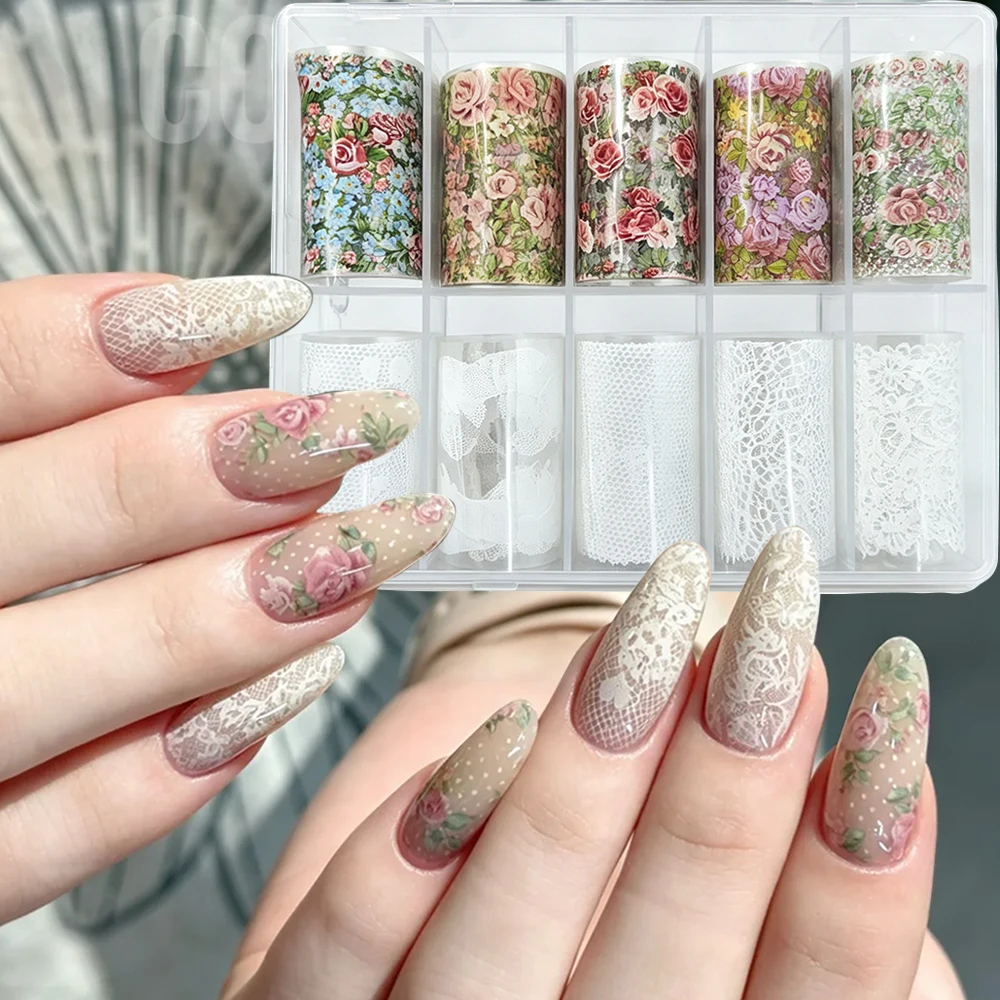 10 Roll/Box Vintage Rose Lace Nail Transfer Foils Spliced Floral White Lace Nail Art Transfer Paper DIY Manicure Nail Decor Foil
