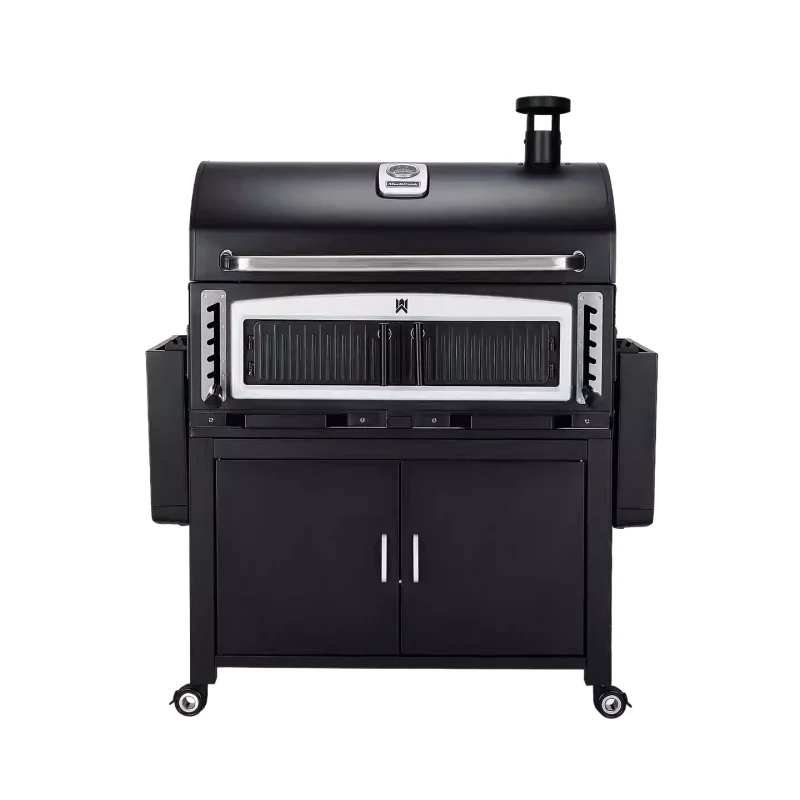 Outdoor Heavy Duty Charcoal BBQ Grills Trolley Portable Cast Iron Barbecue Grid Smoker BBQ Grill with Rotisserie and Cabinet