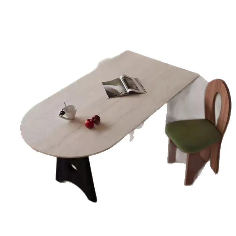 

Medieval dining table Modern small household French travertine rock slab Living room against the wall Solid wood dining