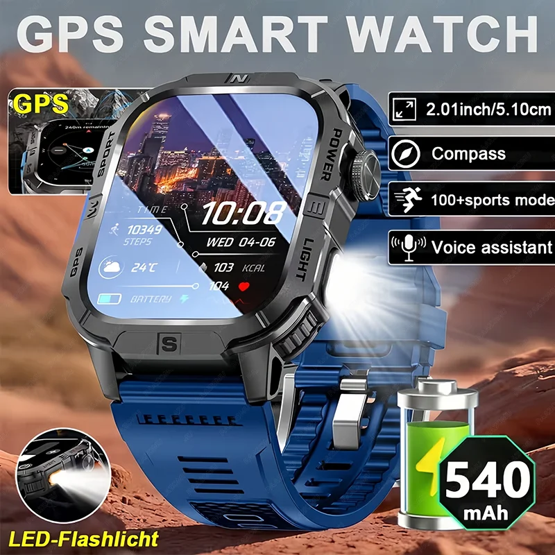 

Новые смарт-часы 2026 года с GPS для Xiaomi/iOS: военный компас, фонарик, водонепроницаемость IP68, 100+ спортивных режимов, звонки по Bluetooth