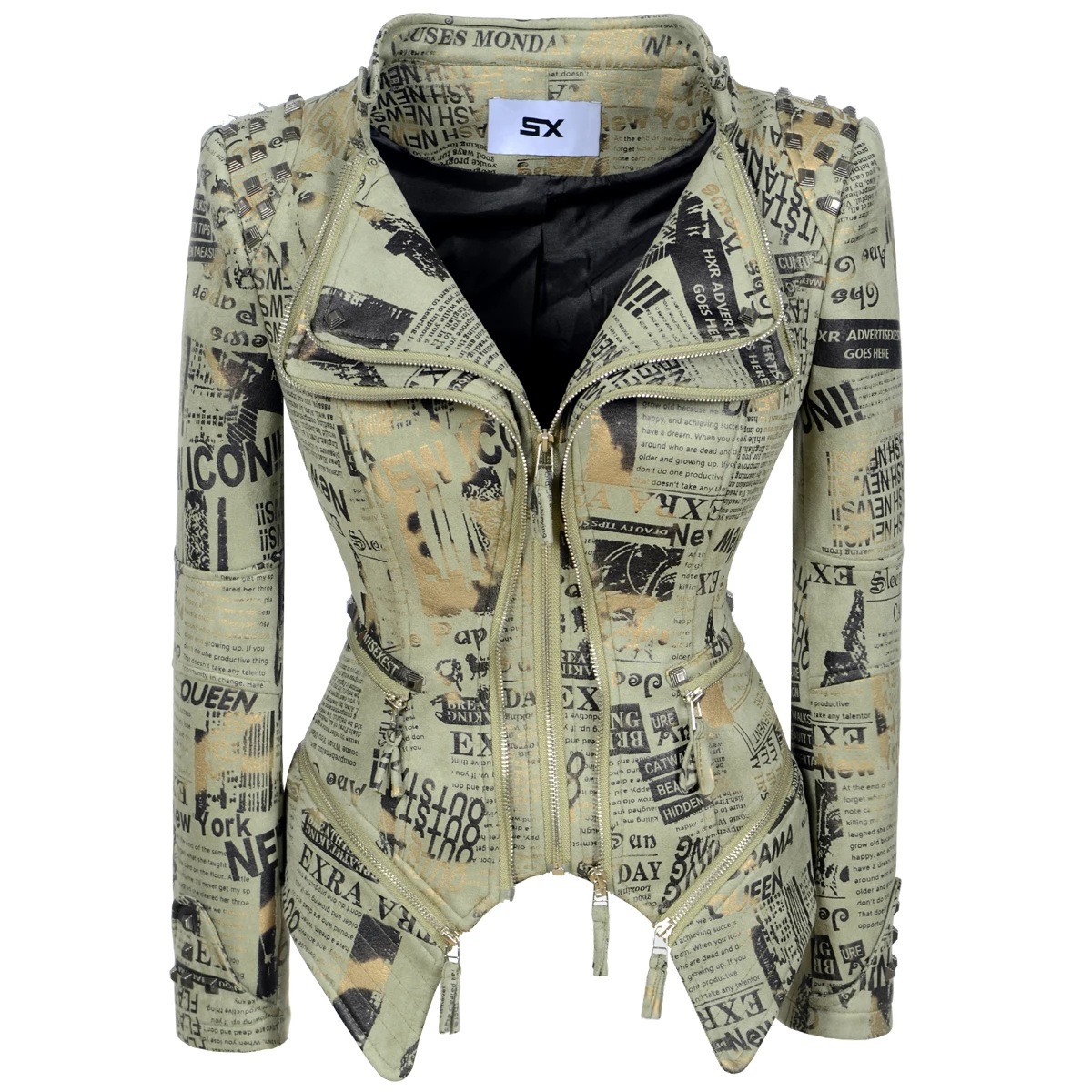 New Europe American Suede Women\'s Jacket Studded Waist Closing Fashion Coat Vintage Printed Newspaper Slim Fit Cycling Clothes