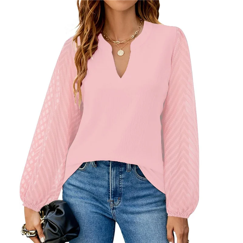

A83F-Womens Tops Dressy Casual Sheer Long Sleeve V Neck Shirts Loose Flowy Chiffon Business Work Blouses
