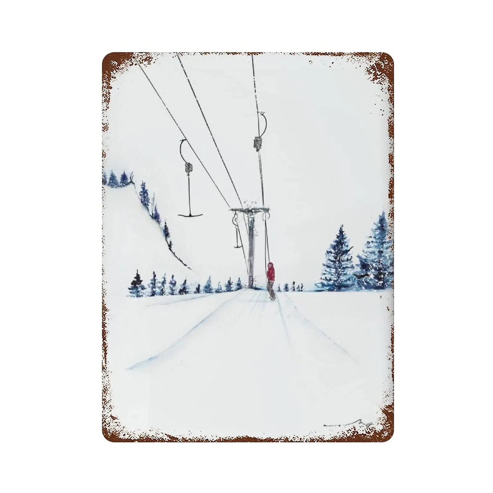 Vintage Blechschild Ski Lift Snowboard Kunst Chairlift Aquarell verschneite Wanddekoration Land Bauernhof Badezimmer Garage Büro Bar Café