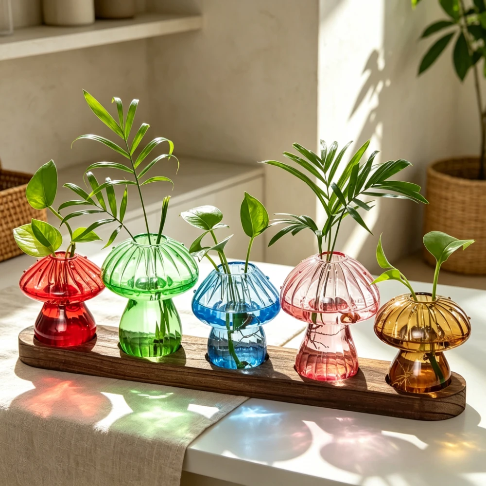 Creative Mushroom Glass Vase Hydroponic Plant Propagation Station Colorful Transparent Flower Vase with Wood Home Decor