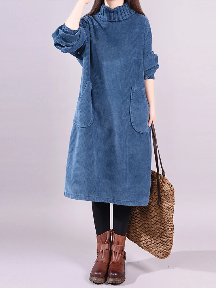 เสื้อสเวตเตอร์คอสูงผ้าลูกฟูก Thiened สำหรับผู้หญิง กระโปรงยาวลายทางสไตล์เรโทร ซับในสำหรับฤดูหนาว ดีไซน์ศิลปะ เหมาะสำหรับใส่ไปทำงาน