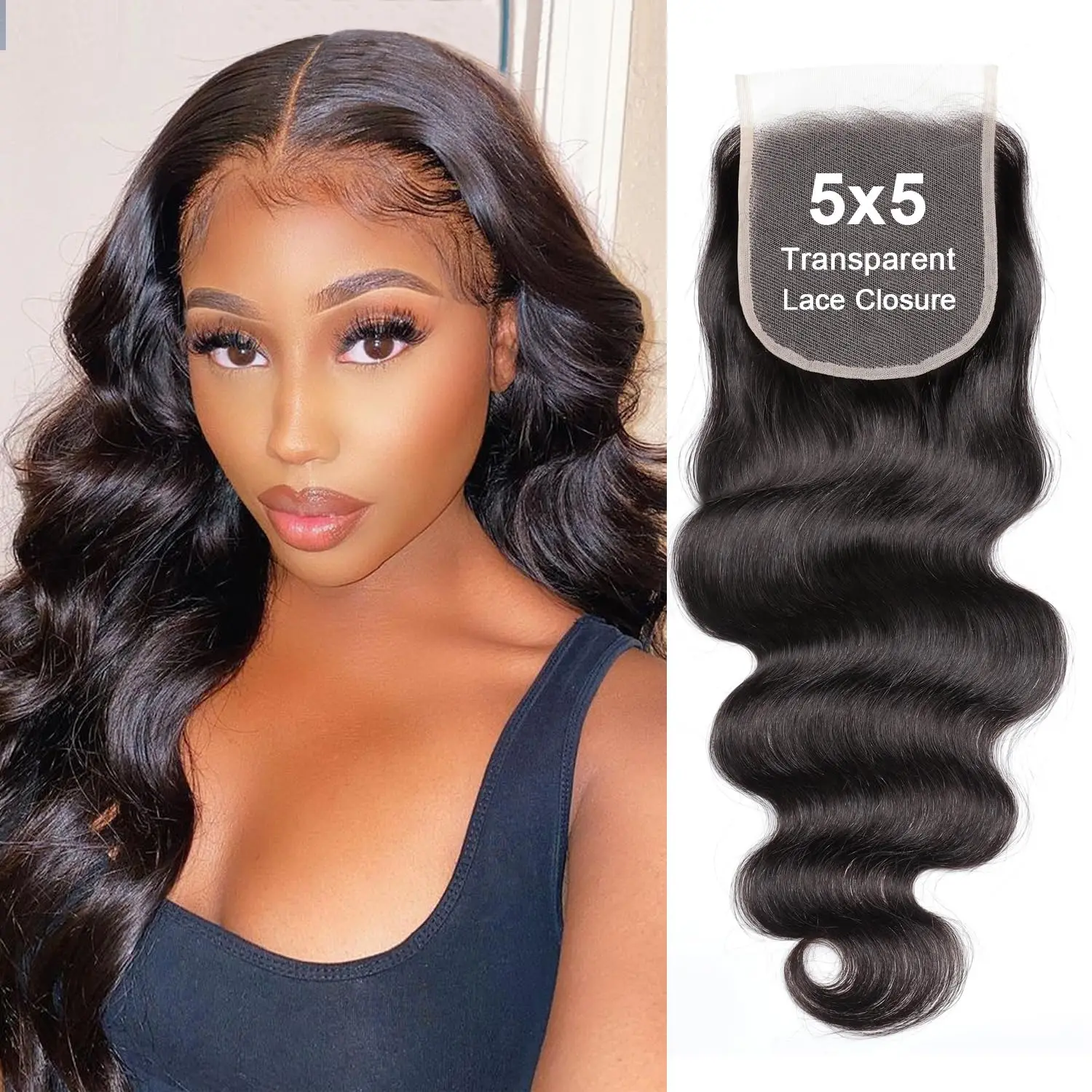 100% Human Hair 5x5 Lace Closure Only Transparent HD Lace Unprocessed Burmese Hair Closure Straight Body Wave Natural Black