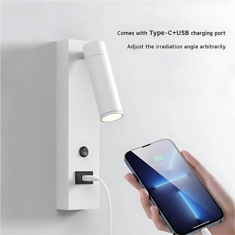 

Modern Nordic LED Wall Sconce Bedroom Adjustable Reading Lamp with USB Type C Charging Port Switch Bedside wall Light Home Decor