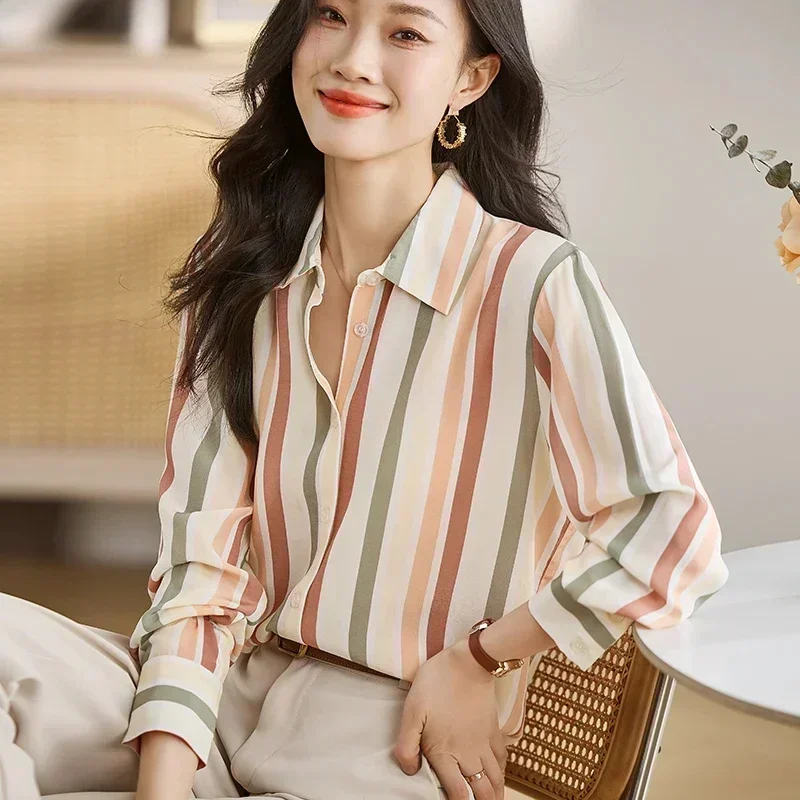 Striped Print Button Front Shirt Casual Long Sleeve Shirt for Spring & Fall Women\'s Clothing Women Tops Blouse Women Shirt