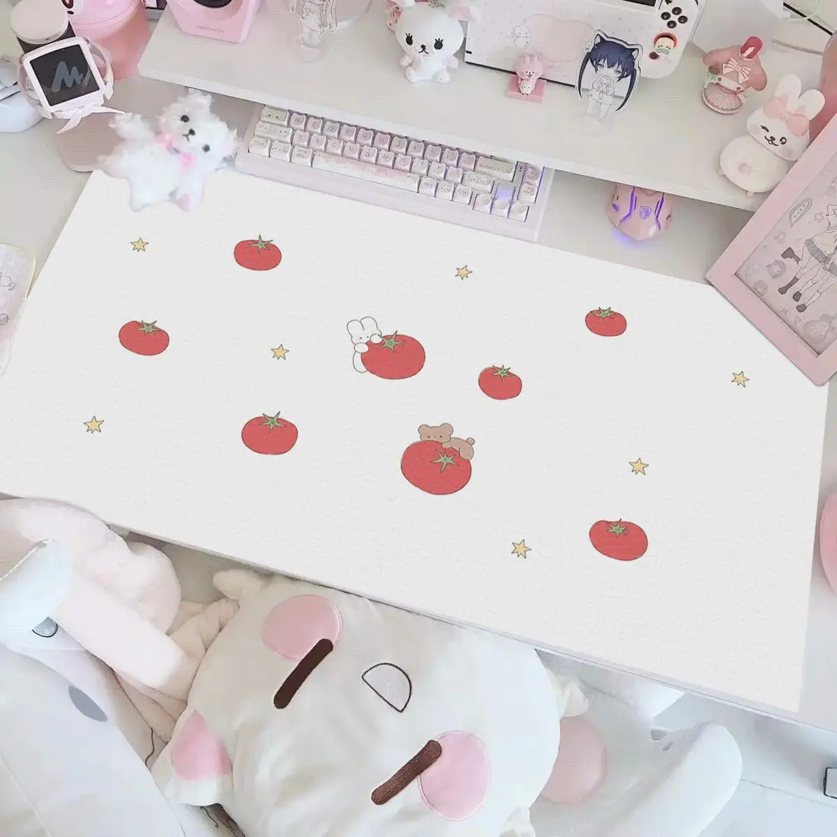 Leather PU Desk Pad Protector Lovely Ins Stripe Tomato Bunny Y2K Mouse Pad Office Desk Mat Waterproof Non-Slip Desk Blotter Pad