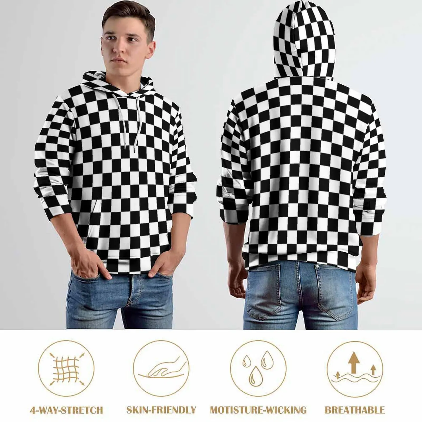 Vintage Plaid Casual Hoodies Black White Checkered Funny Hoodie Couple Long Sleeve Street Style Loose Oversize Sweatshirts