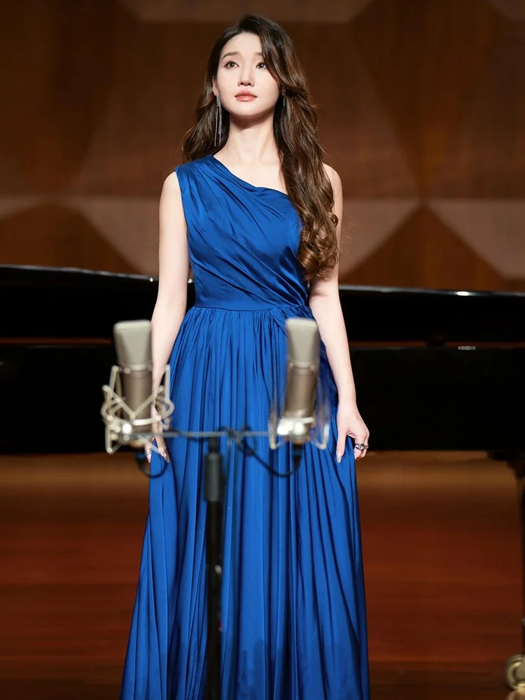 

Синее вечернее платье на одно плечо, сценический костюм, женское, элегантное, роскошное, новинка 2025 года, для взрослых, для церемоний и концертов