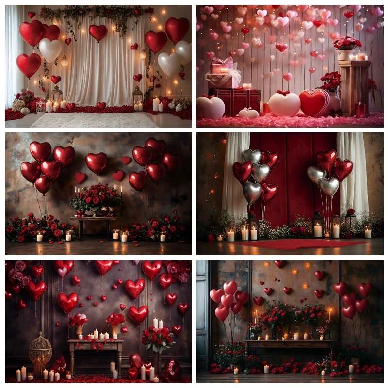 Happy Valentine's Day Backdrop Photography Rose Flowers Sweet Love Heart Balloon Wedding Bridal Portrait Background Photo Studio