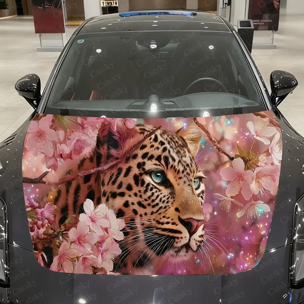 

Виниловая пленка для автомобиля с леопардовым и розовым цветком вишни, водонепроницаемая наклейка на капот автомобиля из ПВХ, самоклеящаяся устойчивая к царапинам наклейка