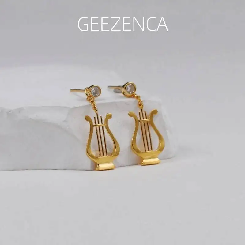 

GEEZENCA 925 Sterling Silver Lyre Drop Earrings With Zircon Original Design Unique Aesthetic Instrument Dangle Earring