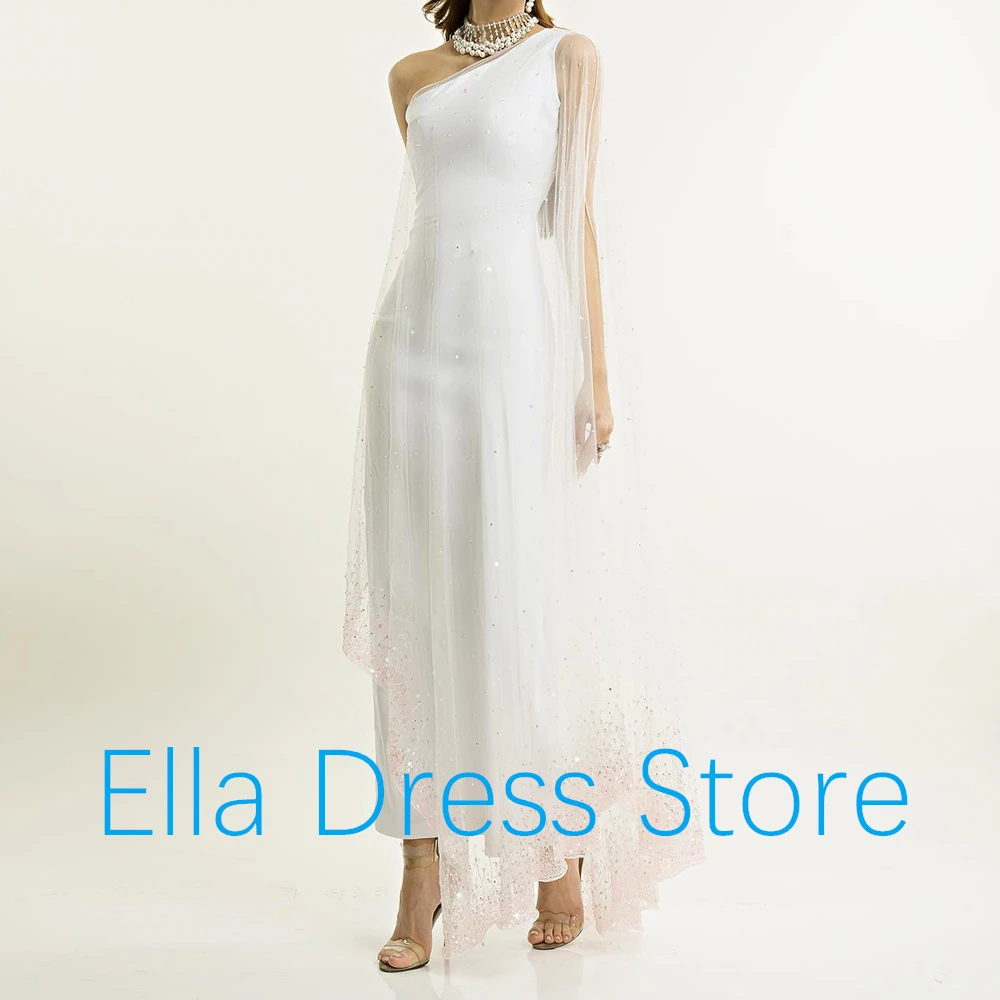 Customized Exquisite Sequined Tulle One Shoulder Evening Dress Delicate Straight Half Sleeves Floor Length Vestidos De Fiesta