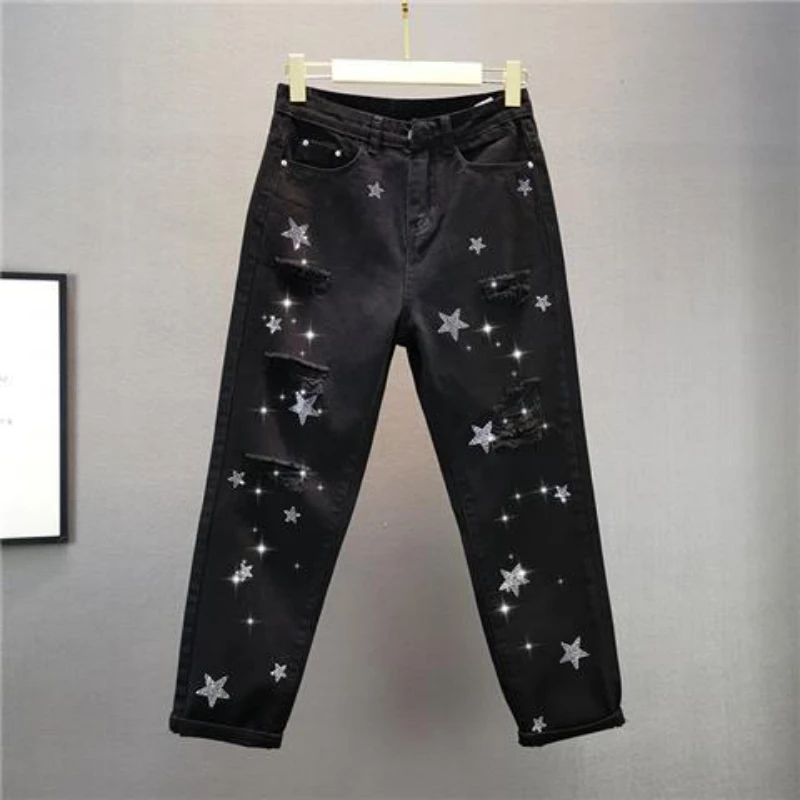 Women Jeans White Long  Pants Woman Clothing Baggy Trouser Vintage Hole Stars Y2k Casual Chic Streetwear Thin Summer Solid