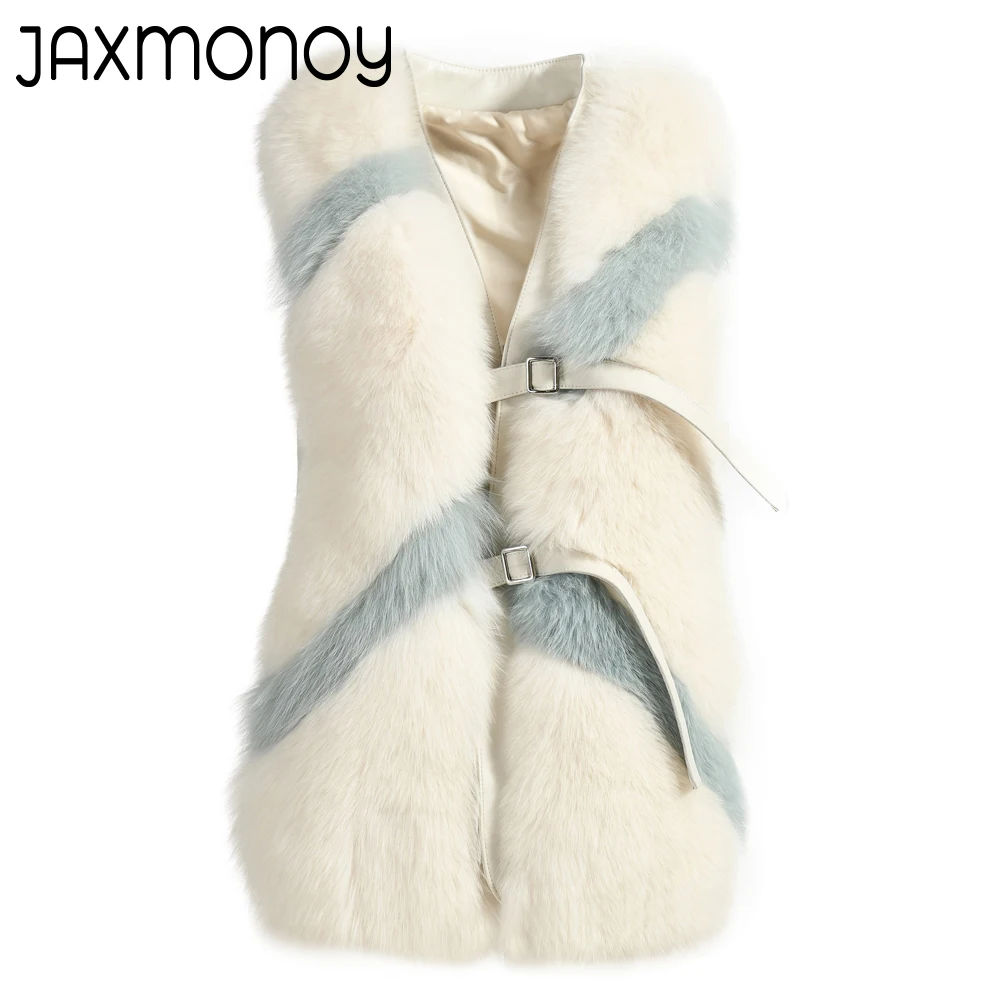 Jaxmonoy Real Fox Fur Vest for Women Diagonal Stripes Sleeveless Coat for Ladies Luxury Gilet Fashion New Arrival Autumn Winter