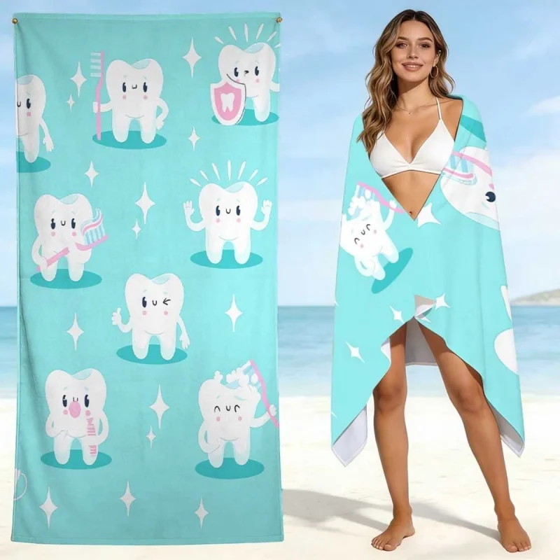 Newest Cute Cartoon Teeth Print Microfiber Beach Towel Quick Dry Sand Resistant Large Swimming Pool Bath Towel