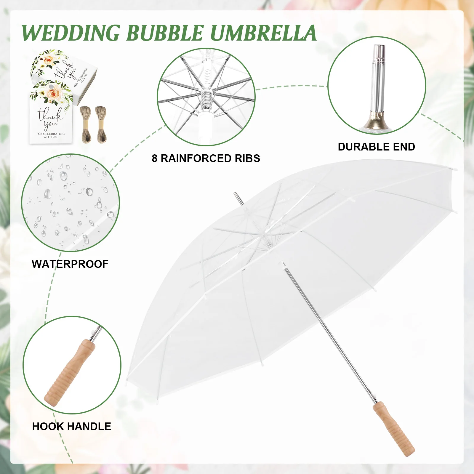 

50 Pack Transparent Rain Umbrella Windproof Waterproof Wedding Favors for Guest Umbrella Gifts Bulk with Thank You Tags and Rope
