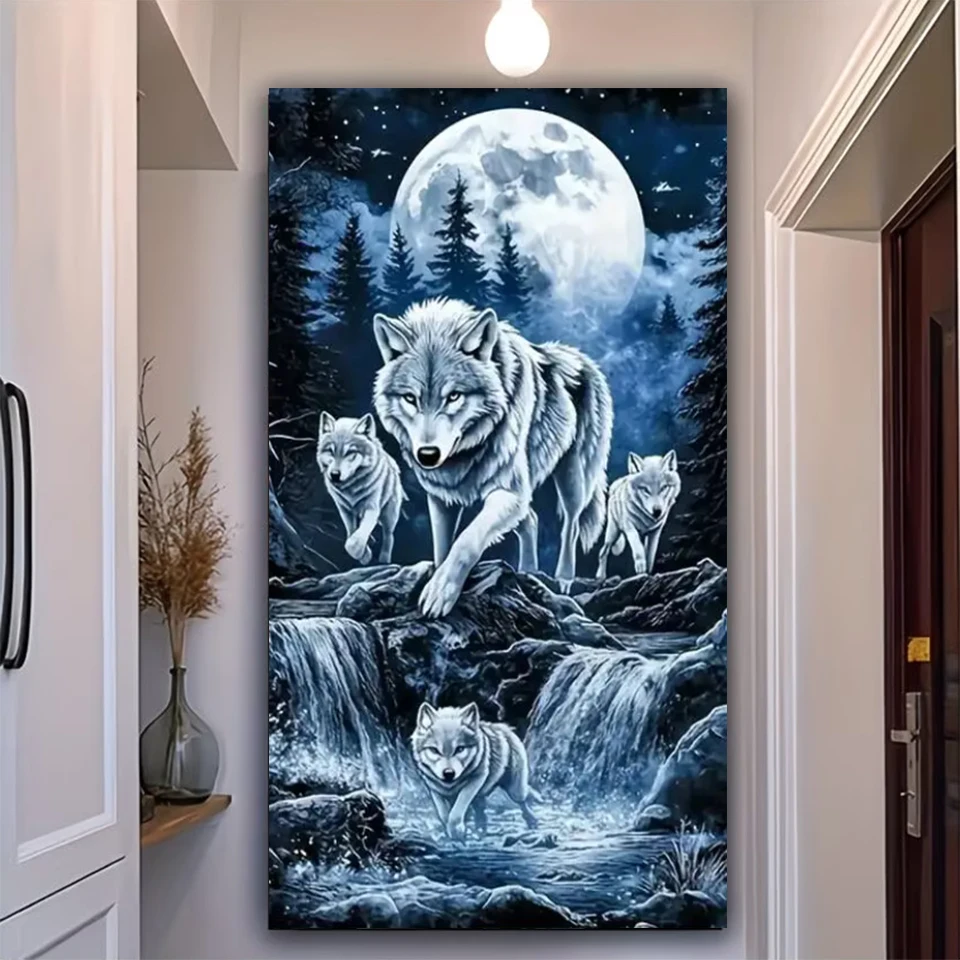 diy-アメージングウォーターフォールウルブズファミリーダイヤモンドアート大サイズフルスクエアラウンドダイヤモンド絵画モザイク野生動物家の装飾用