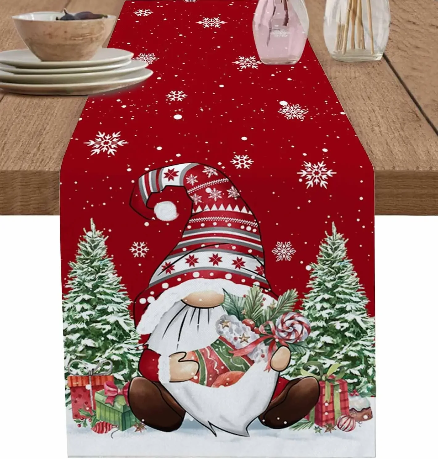 2026 Christmas Gnomes Linen Table Runner Dresser Scarves Winter Xmas Tree Snowflake Kitchen Dining Table Runner Christmas Decor