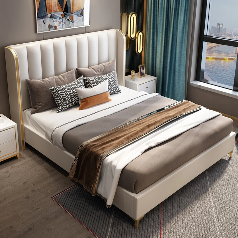 #For light luxury soft bed frame king size microfiber leather simple master bedroom bed upholstered full size bed frame