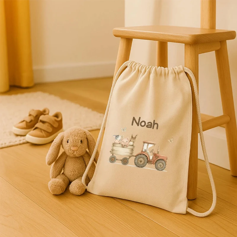 

Personalized Name Tractor Drawstring Backpack Custom Daycare Bag for Children Kindergarten Gift for Boy Back To School Decorate