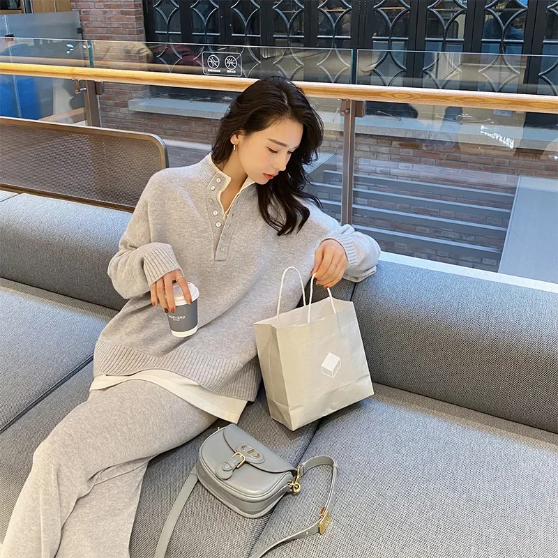 

Women Pullover Suit Sportswear O Neck Knit Sweater Wide Leg Pants Two Piece Set Casual Fake Two Knitted Sweaters Autumn Winter