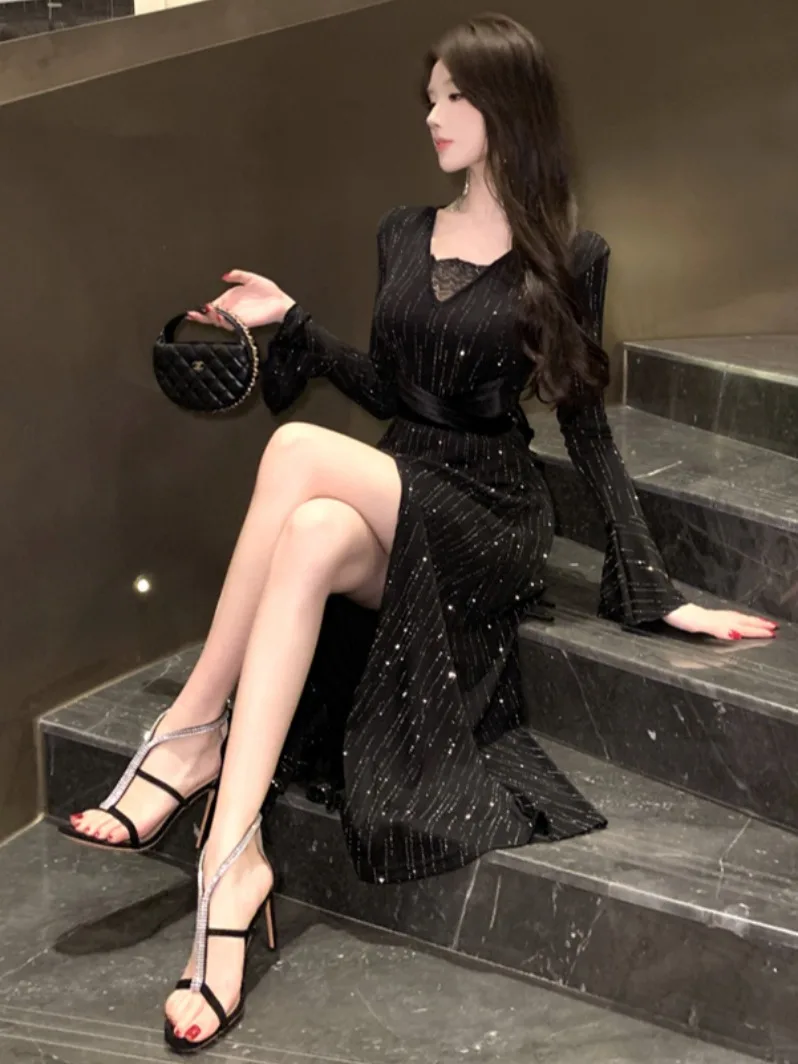 

Wind Sensation Sexy Long Sve Sparkling Dr Slimming High Waist Draped Skirt Ele Lady Faion Autumn Winter