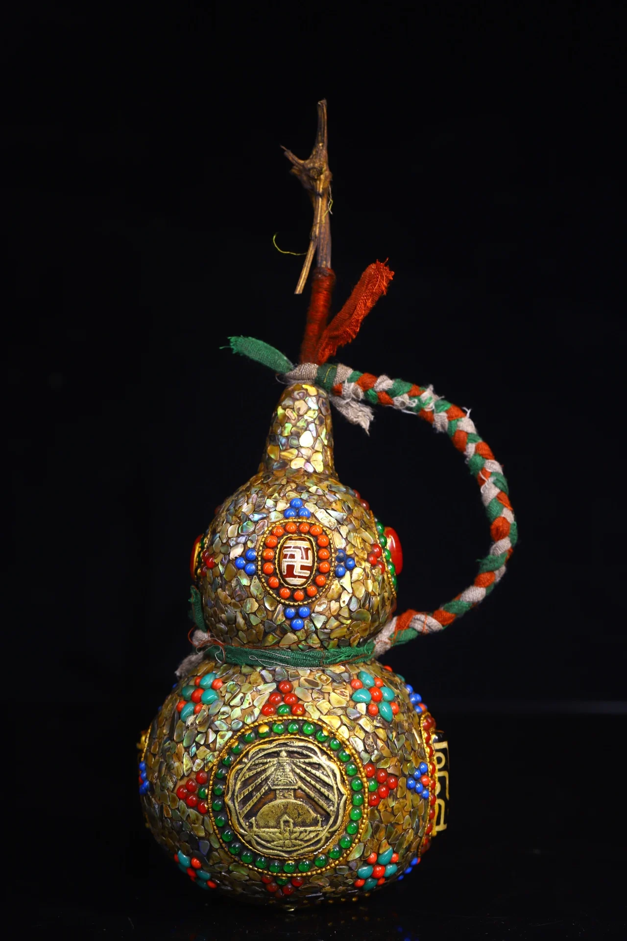 

9"Tibetan Temple Collection Old Natural Gourd Tibetan Silver Filigree Mosaic Gem gZi Beads Pagoda pattern Gourd Town house