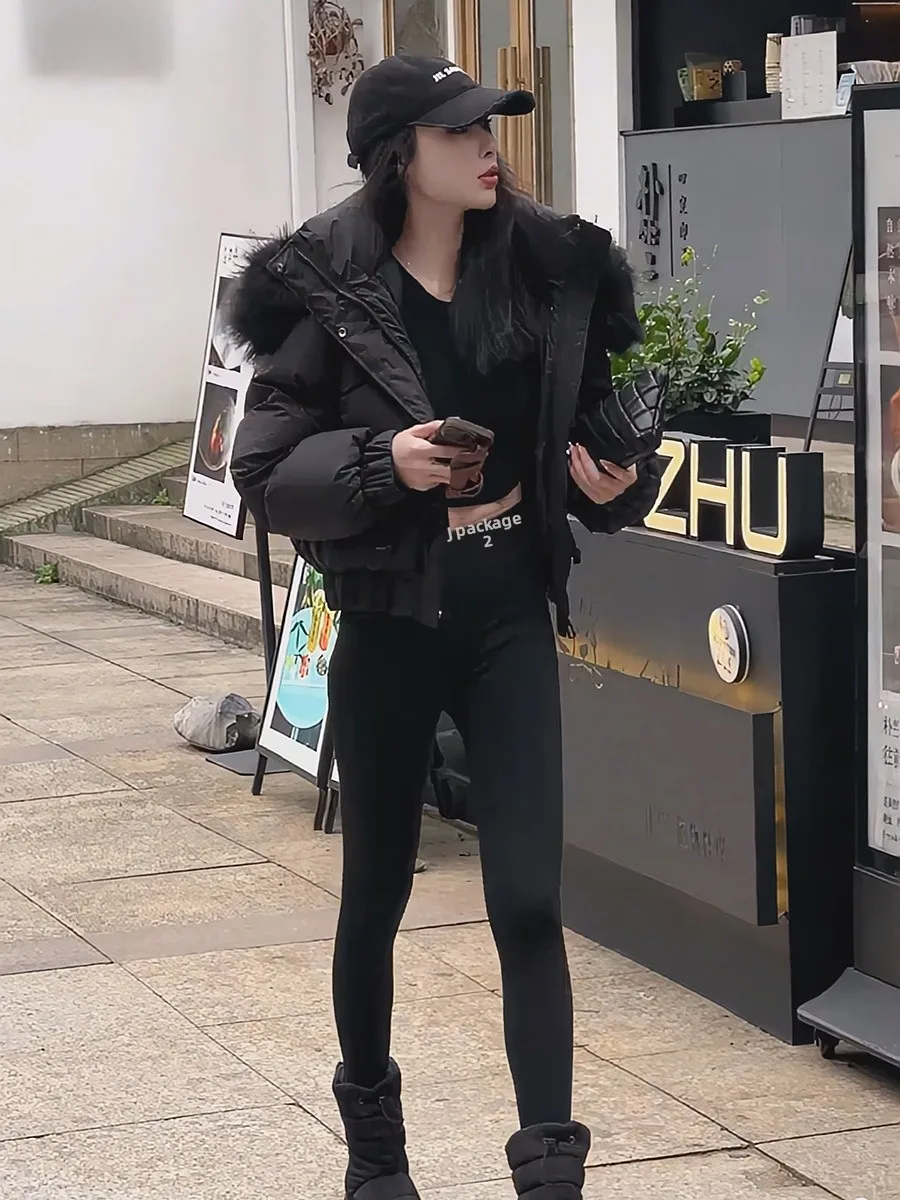 韓国製レディースダウンジャケット2025新作冬用厚手パンコートホワイトダウンアウターウェア帽子付きジッパー開閉