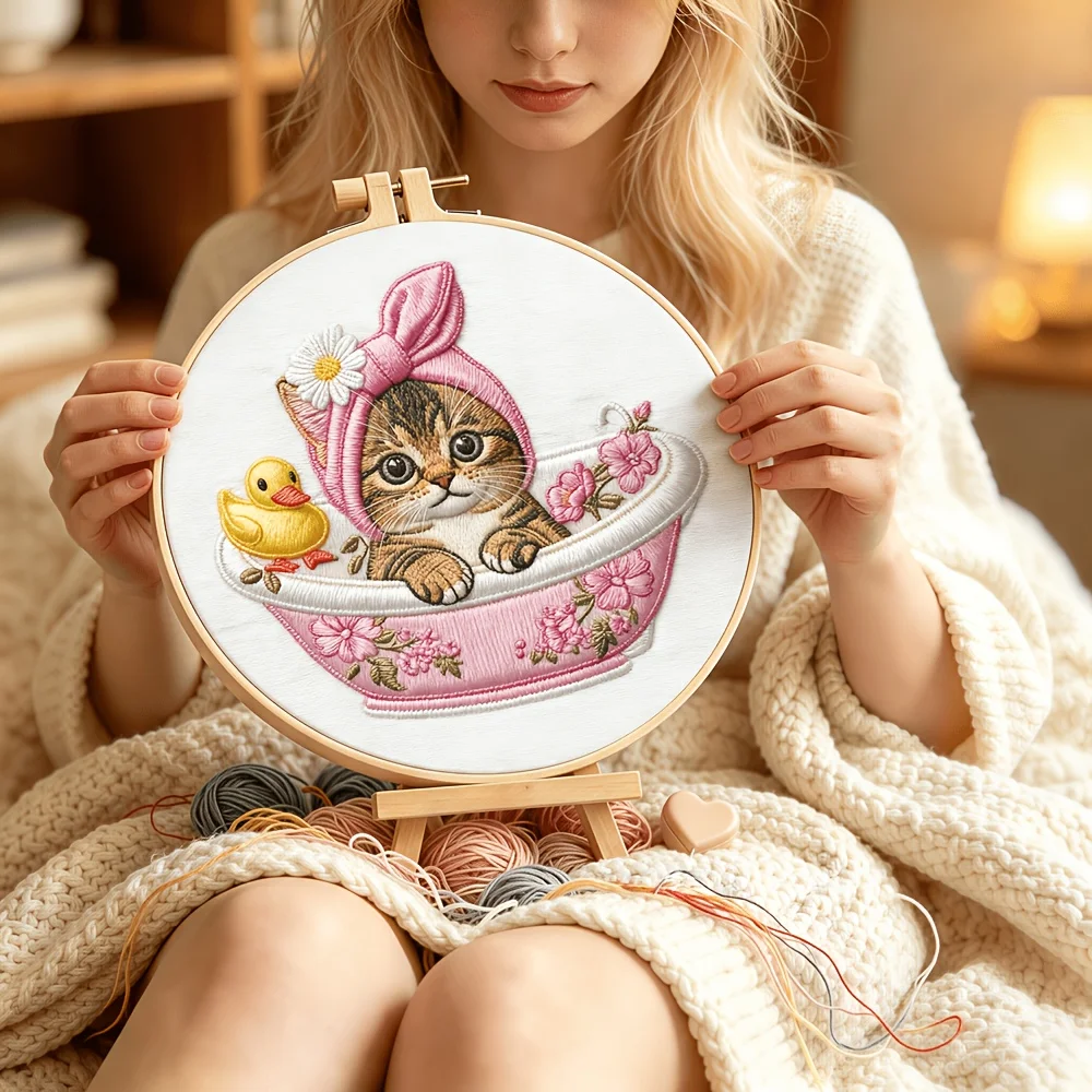 Embroidery Stitch Practice Kit Pre‑Printed Fabric Bamboo Hoop Thread Needles Learning Hand‑Stitching Craft Set