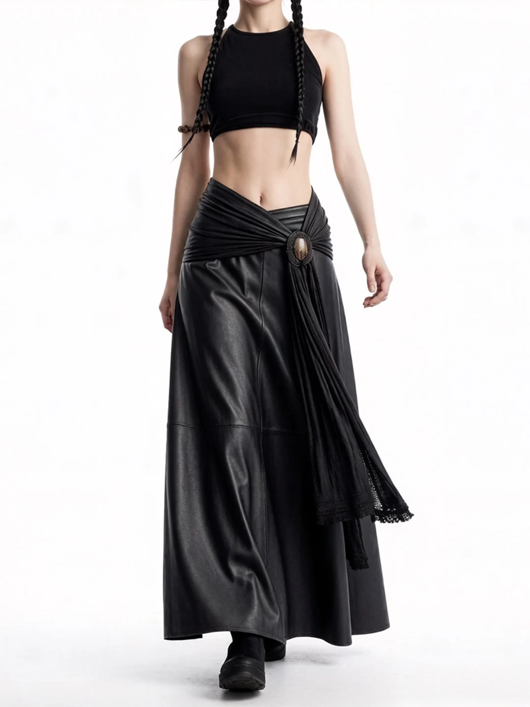 

Длинная юбка из искусственной кожи в темном стиле, женская, прямого кроя, с драпировкой, визуально стройнящая, в ретро-этническом стиле, средней длины